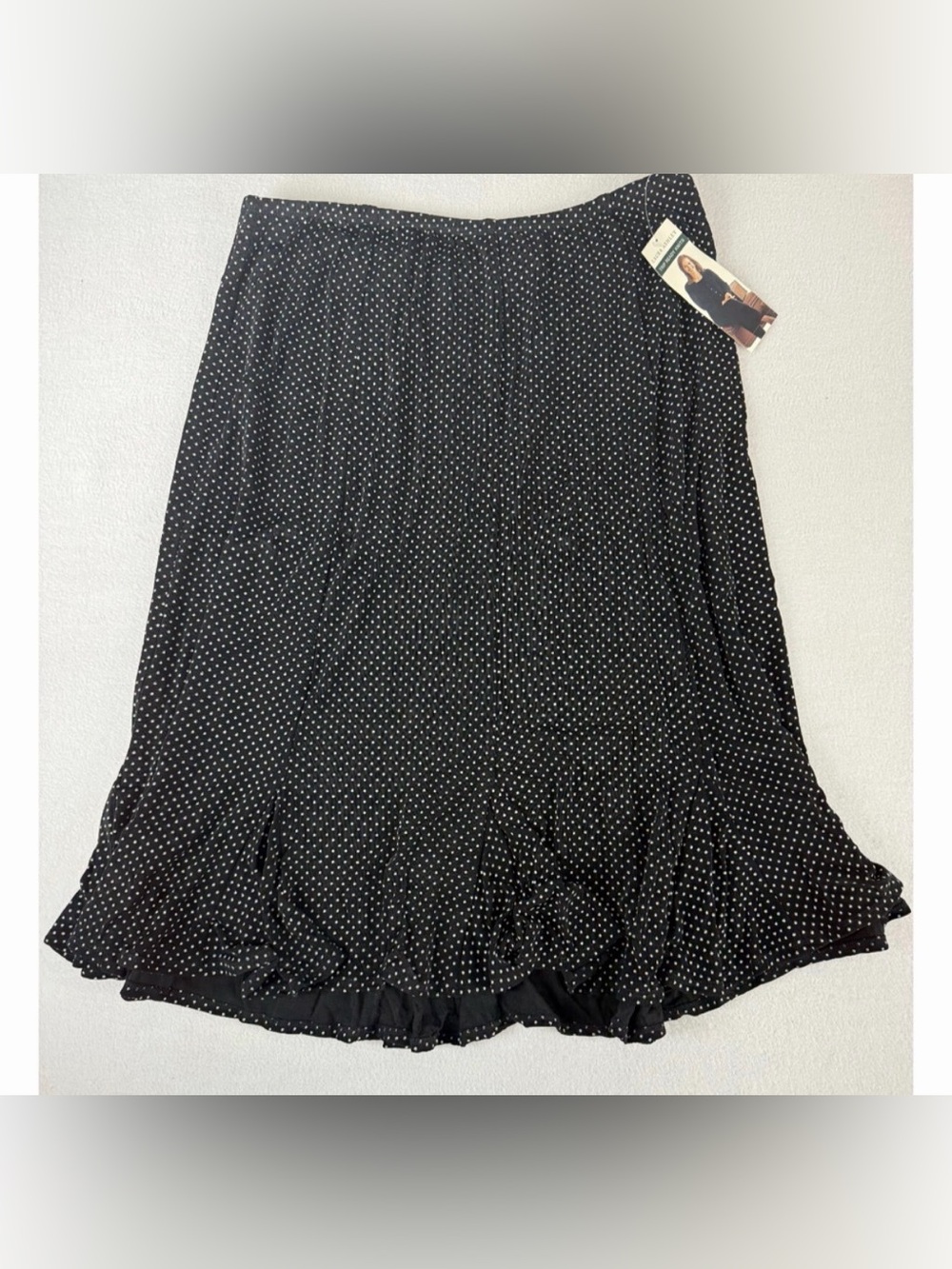 Laura Ashley Elastic Waist Pull On Midi Skirt Black Dots XL Vintage Ruffle